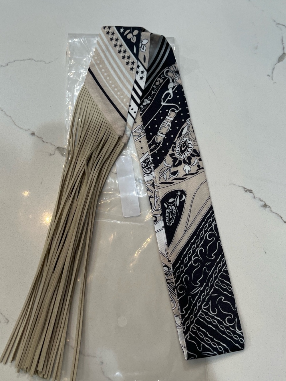 Silk-Feel Beige and Black Patterned Fringe twilly